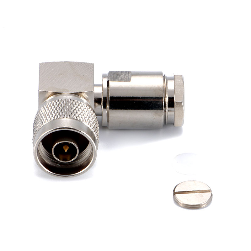 n-jwz7.jpg Роз'єм N-type male 9 clamp 90° (Тато, Штир, Вилка, Штекер, Plug), кутовий штировий для кабелю RG-213U, RG-8U, LMR-400 (затиск/збірка - під накрутку кутовий 90°) - Зображення 1